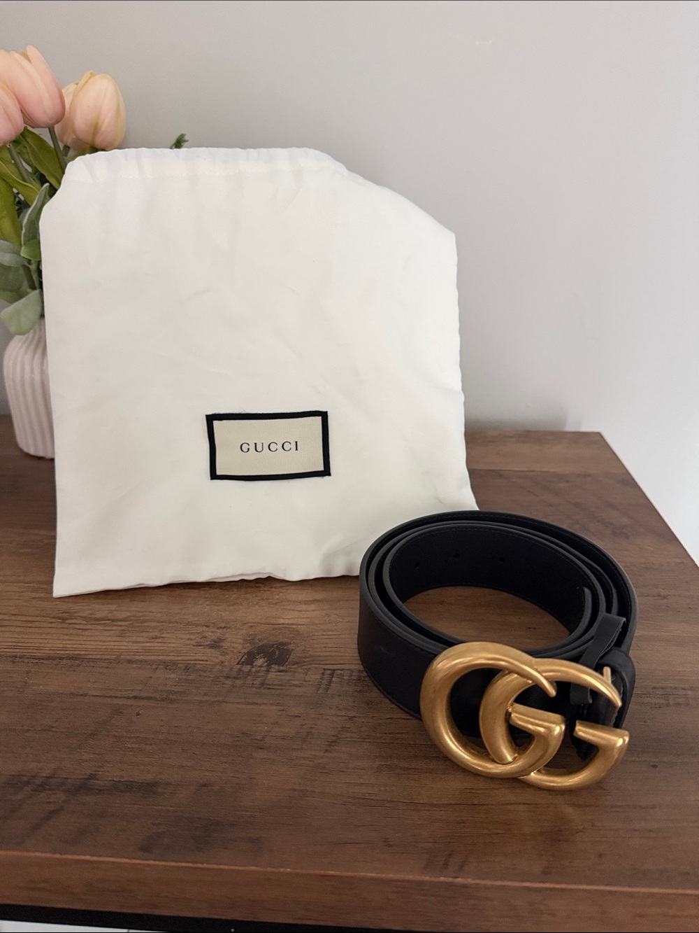 Gucci Black Leather Belt with Gold Double G Buckle